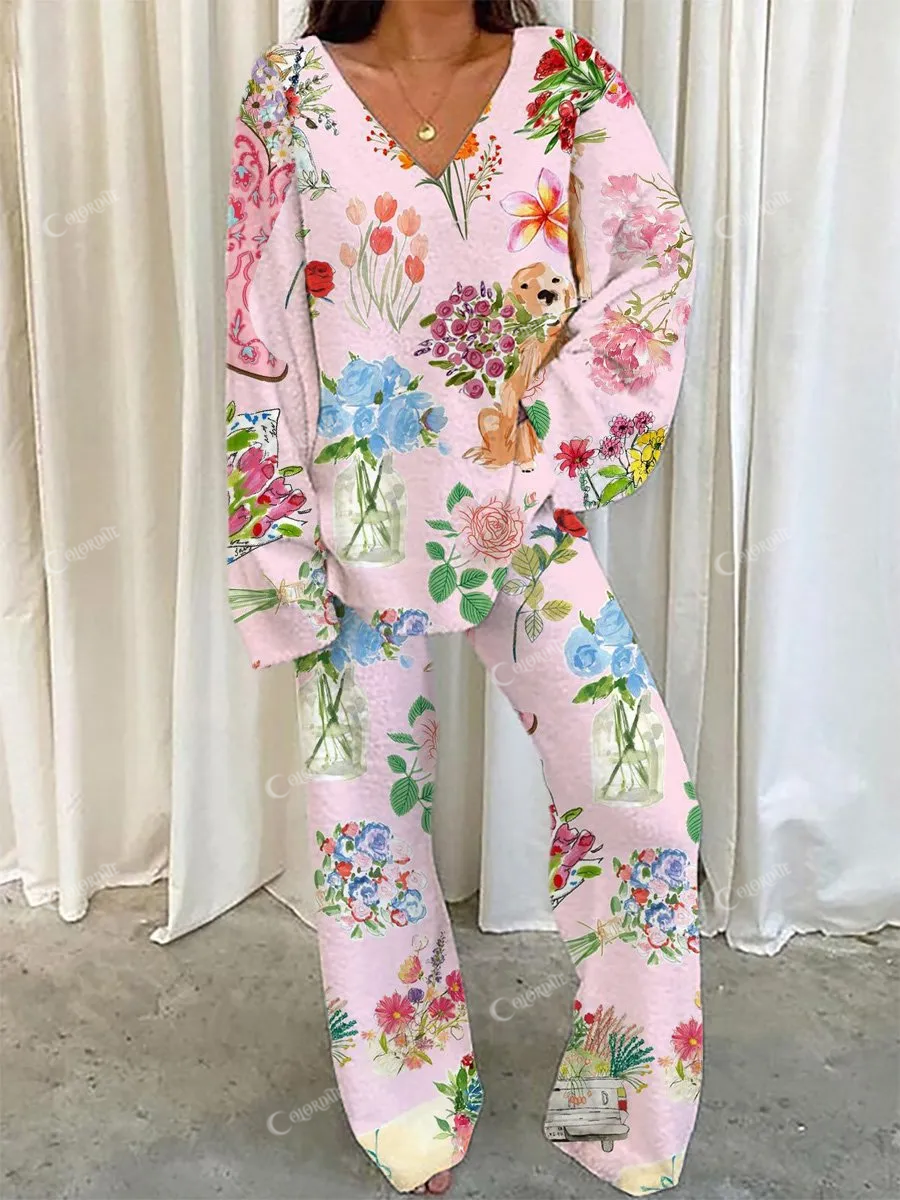Women's Romantic Flower Print Sweater Set