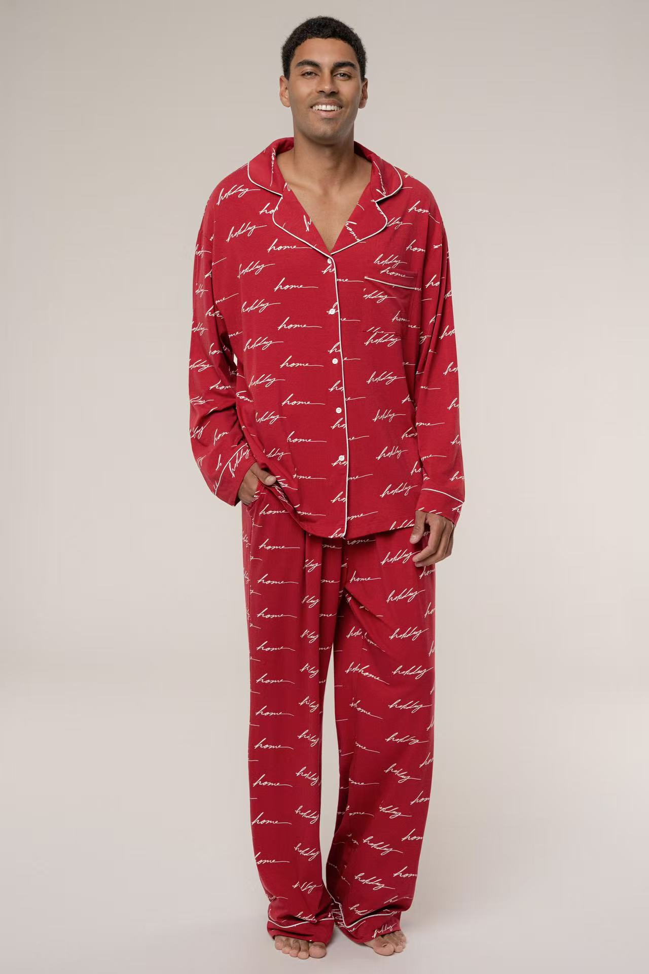 Red Home For The Holiday Print Home Long Sleeve Suit