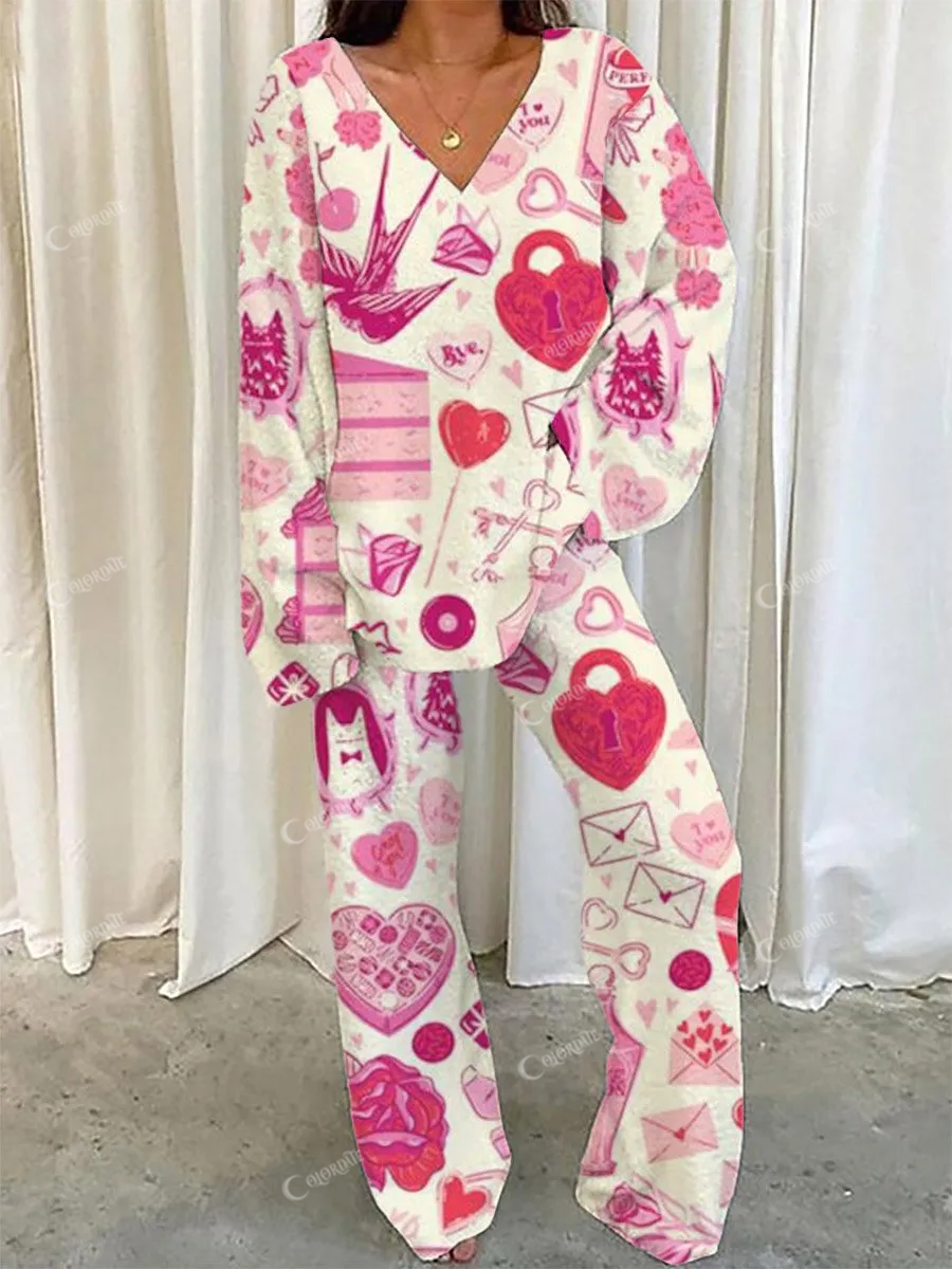 Women's Valentine's Day Love Lock Pattern V-Neck Long Sleeve Pants Suit
