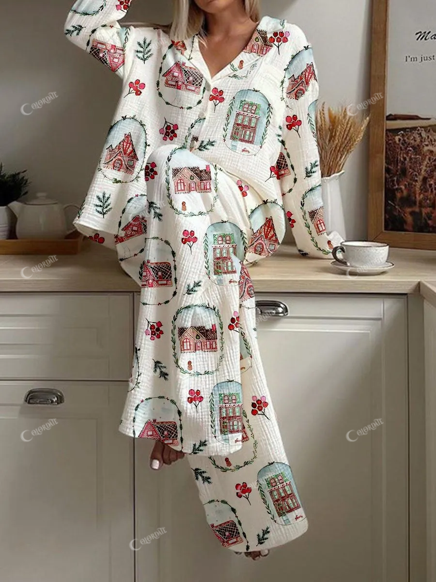 Women's Christmas Gingerbread House Print Cardigan Homewear Set