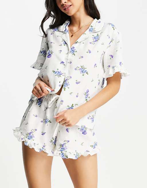 Women's Linen Floral Printen with Frill Cotton Short Suit