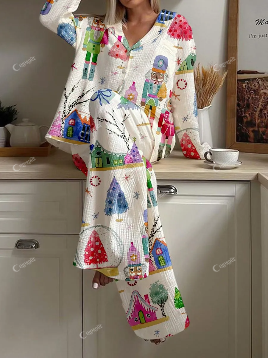 Women's Christmas Tree Doll Watercolor Print Cotton Cardigan Homewear Set