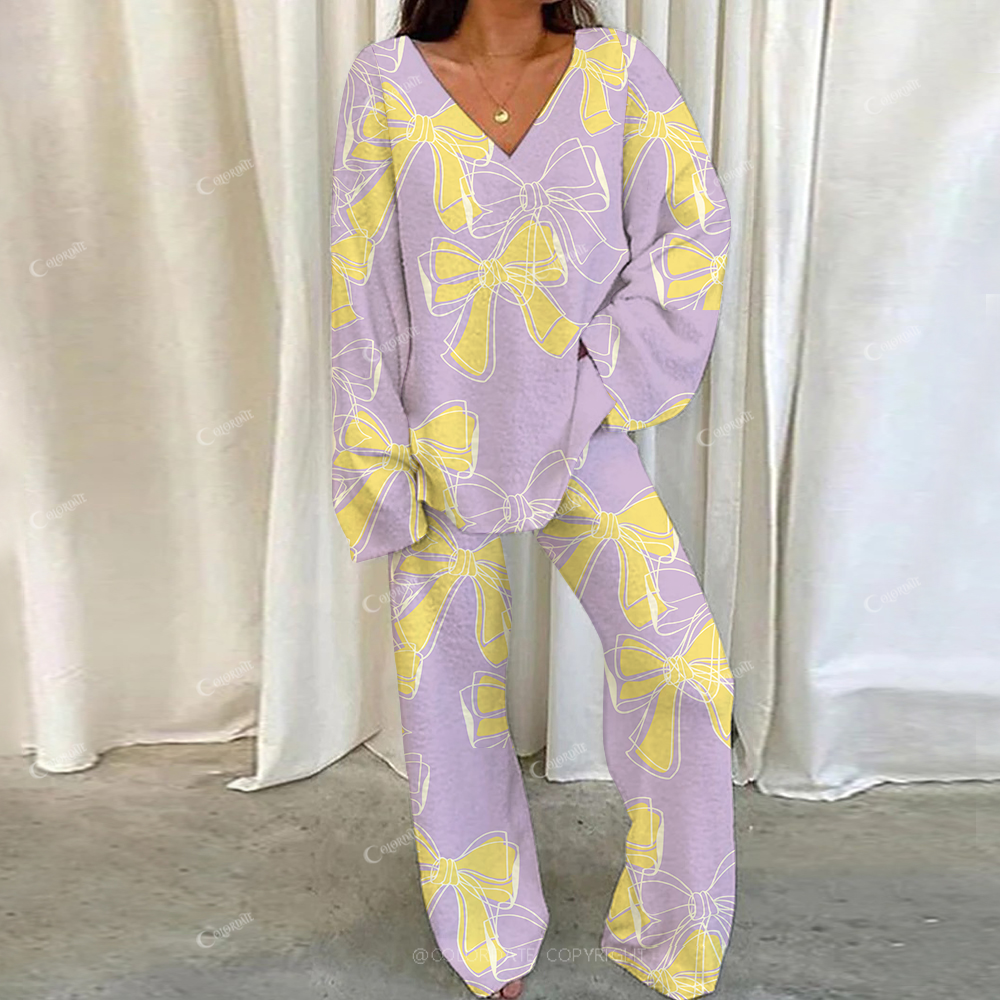 Colordate Casual Yellow Line Bow  Printed Loungewear Set For Women