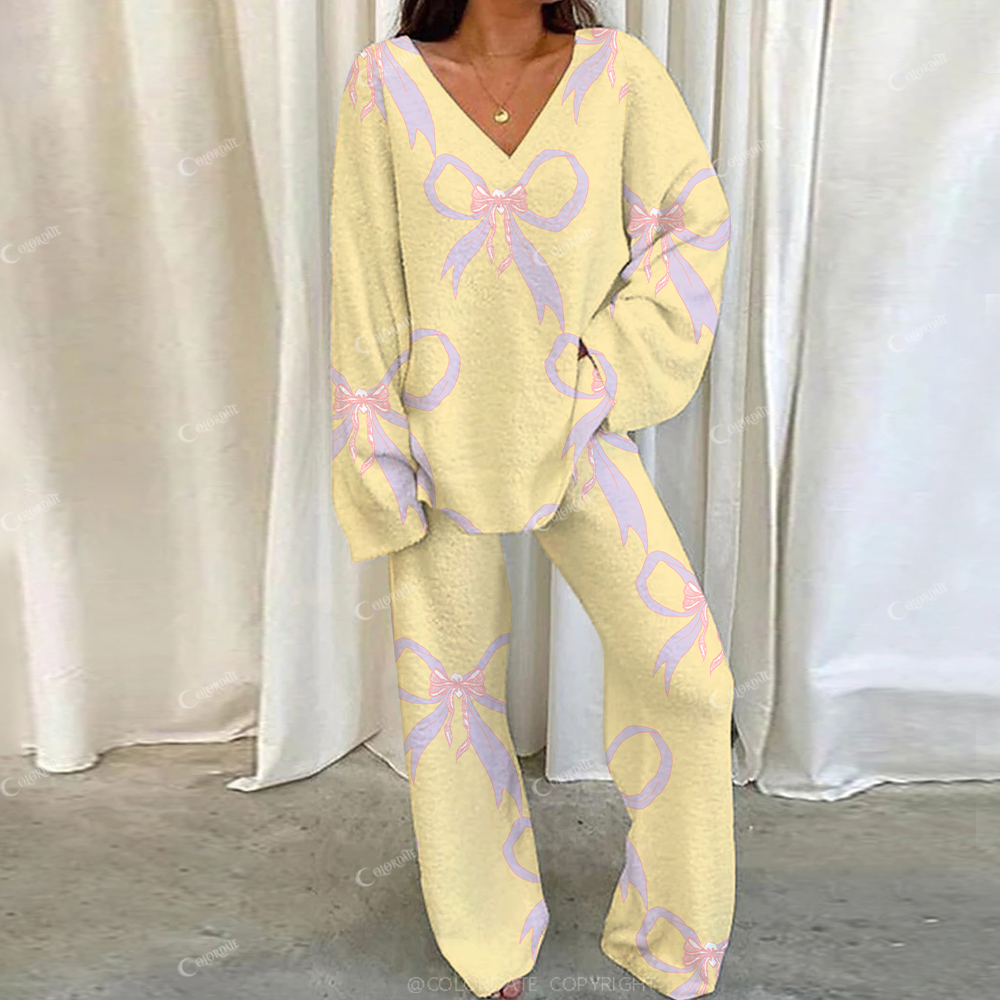 Colordate Casual Double Bows Loungewear Set For Women