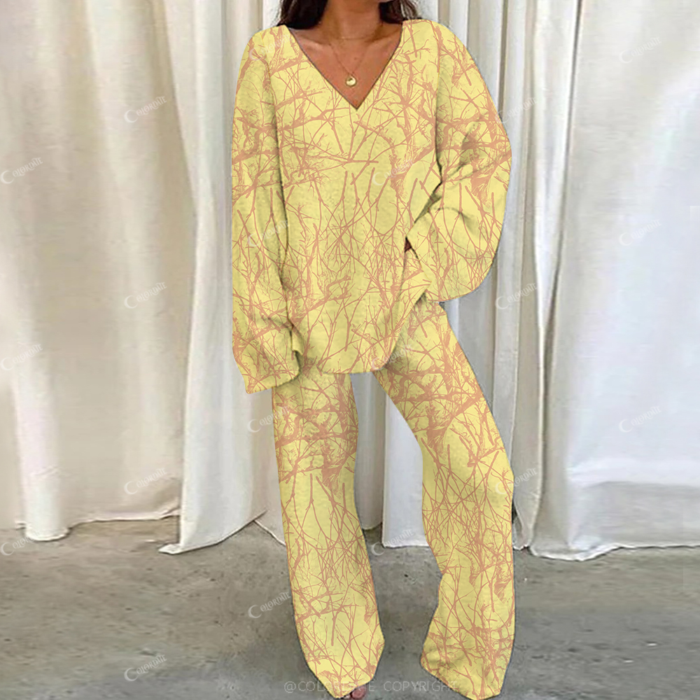Colordate Casual Dry Branches Printed Loungewear Set For Women