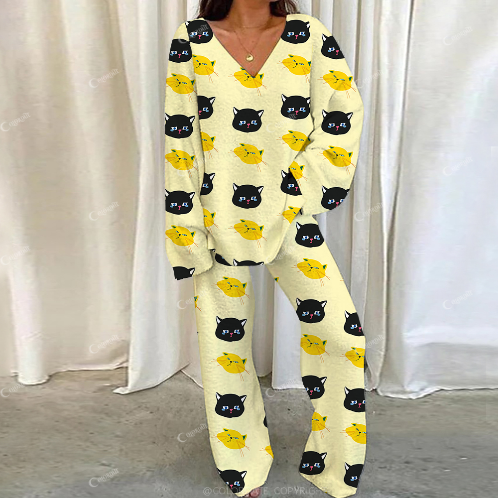 Colordate Casual Crying Black Cat Loungewear Set For Women