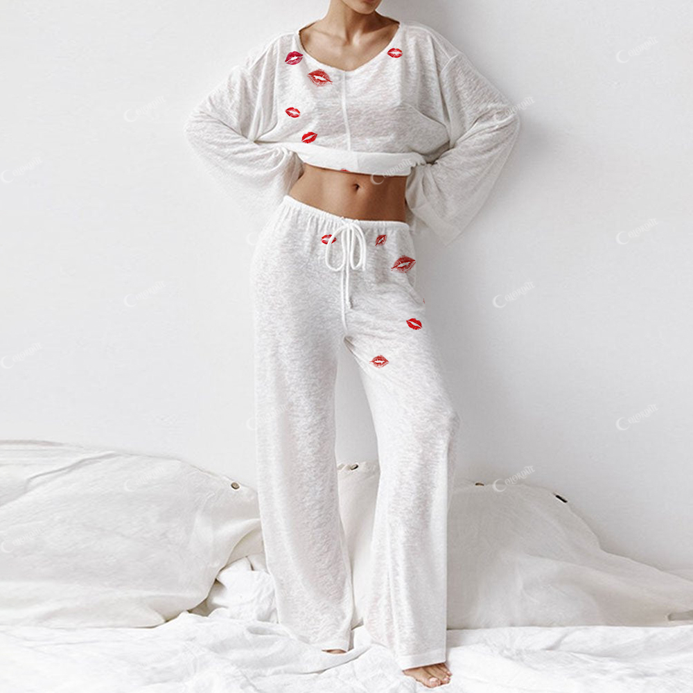 Colordate Women's Red Lips Long Sleeve Cotton Homewear Set