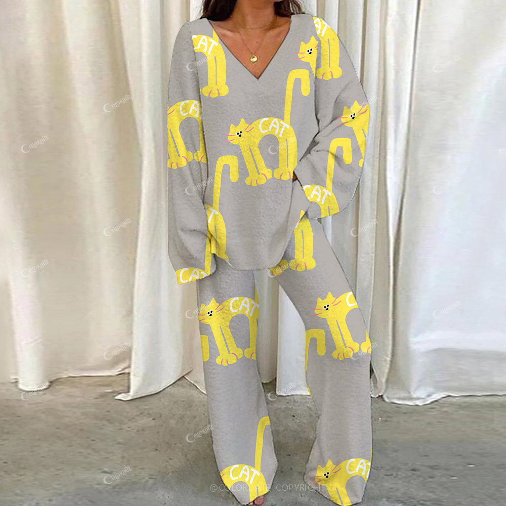Colordate Casual Frightened kitten Loungewear Set For Women