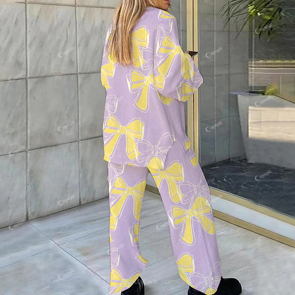 Colordate Casual Yellow Line Bow  Printed Loungewear Set For Women