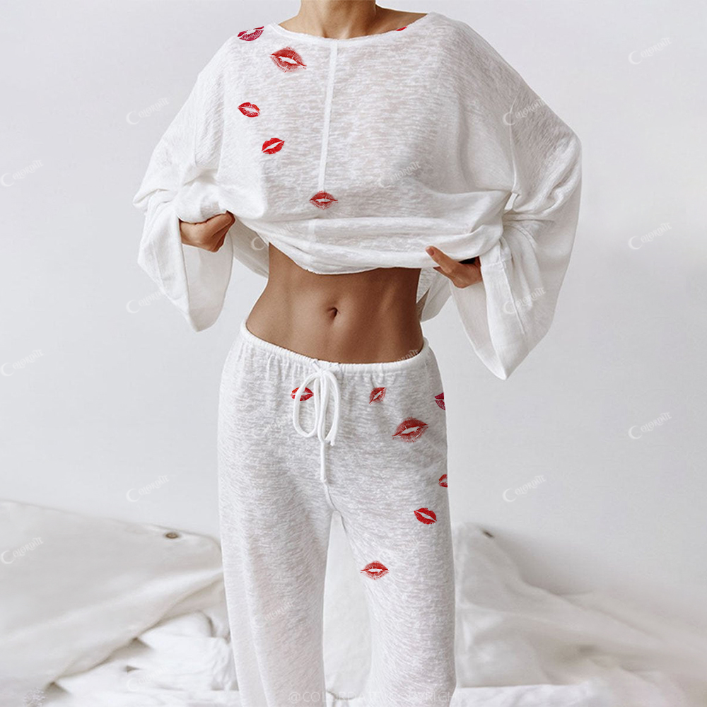 Colordate Women's Red Lips Long Sleeve Cotton Homewear Set