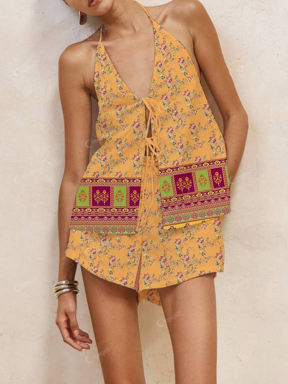  Floral Print Halter Neck Tie-Up Top And Shorts Suit