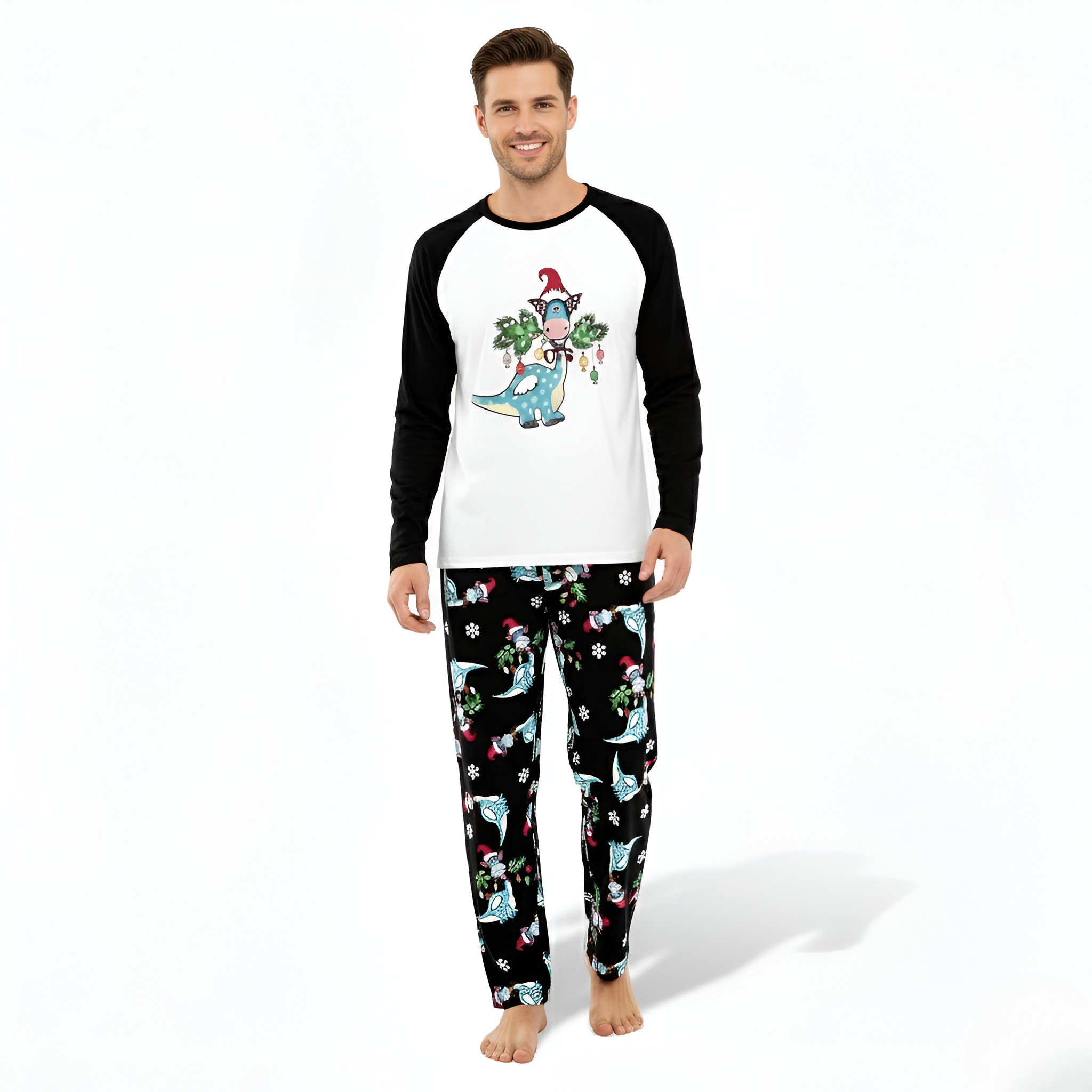 Santa Hat Dinosaur Printed Family Matching Christmas Pajama Set