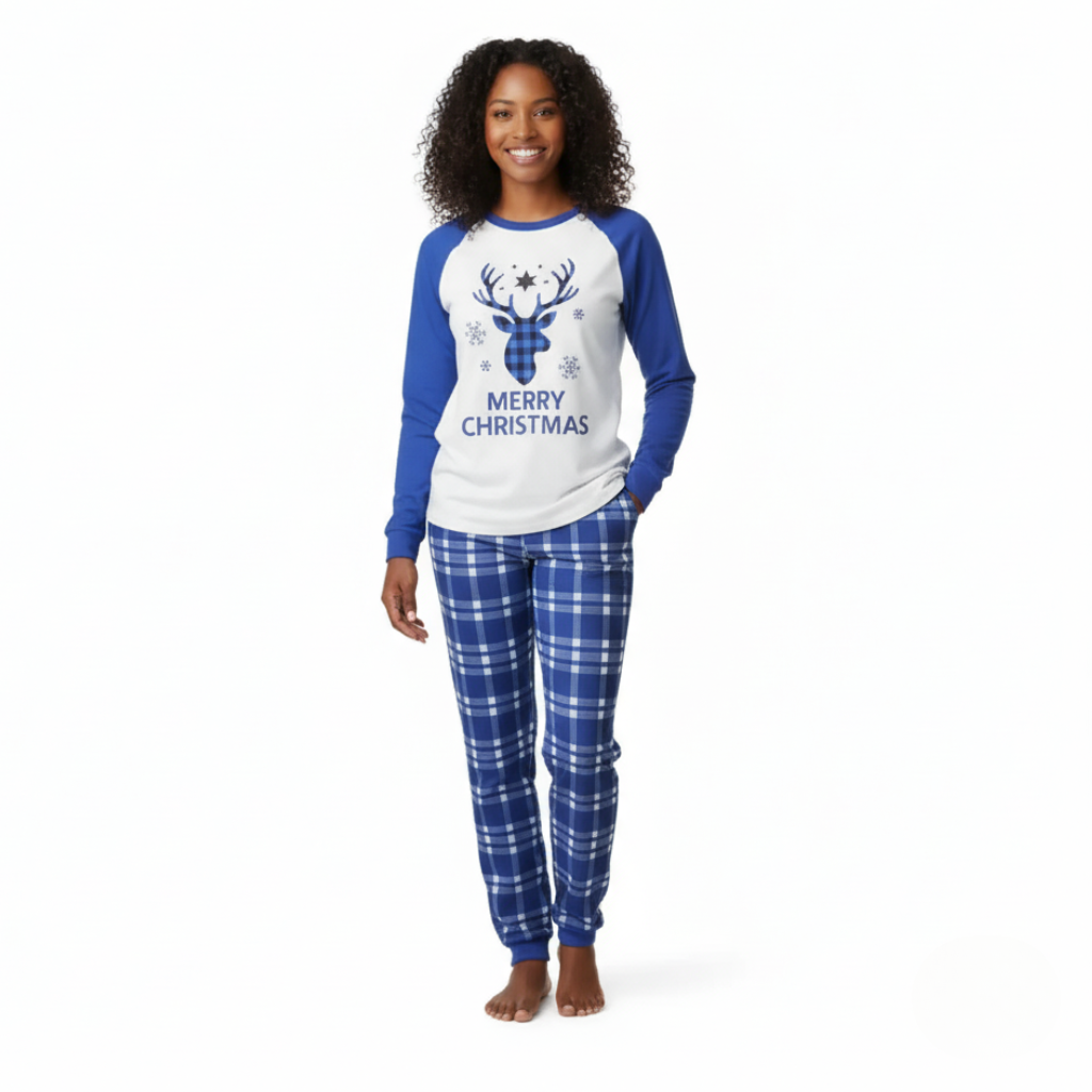 Christmas Reindeer and Snowflake Holiday Pajama Set With Plaid Pants
