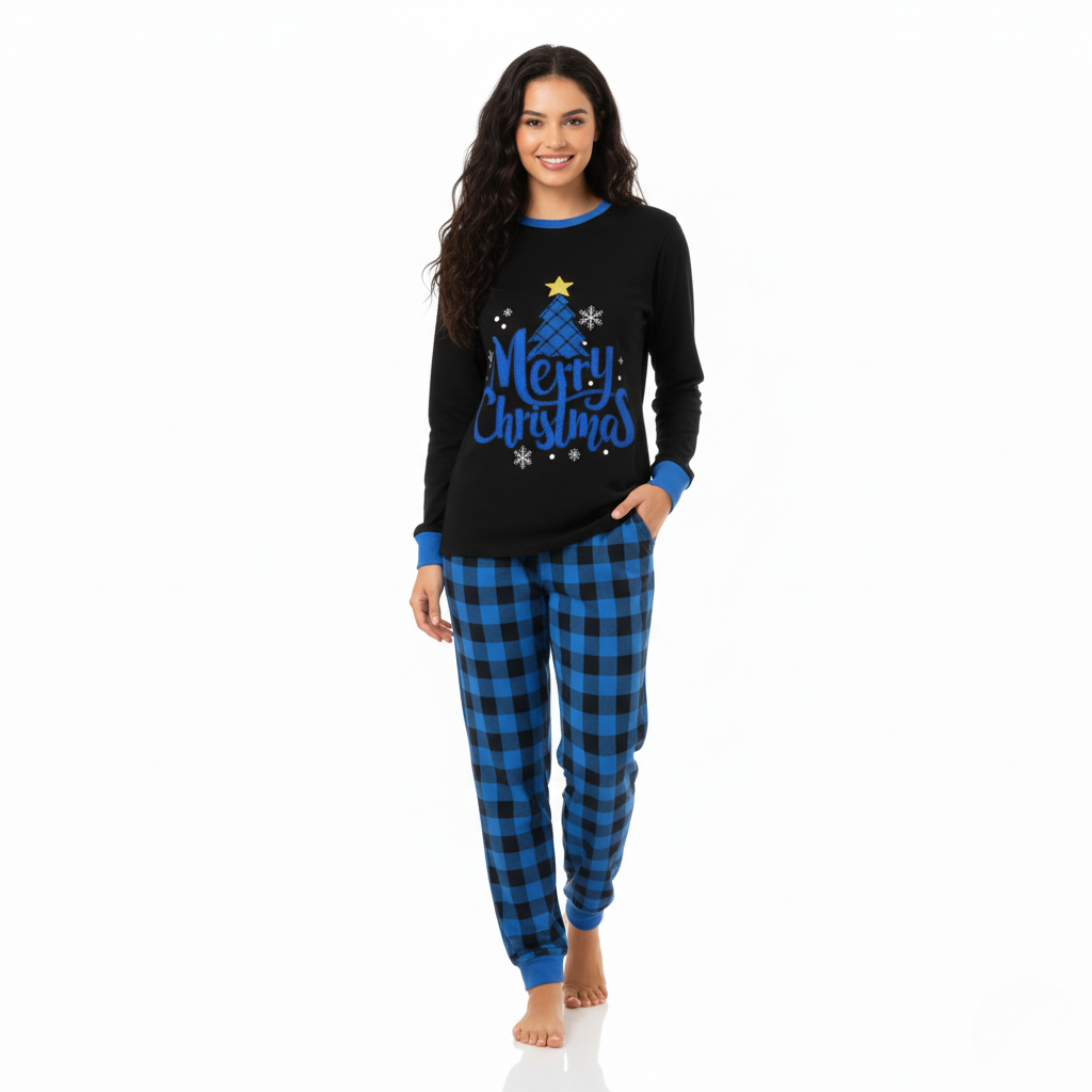 Merry Christmas Tree and Star Holiday Pajama Set With Plaid Bottoms
