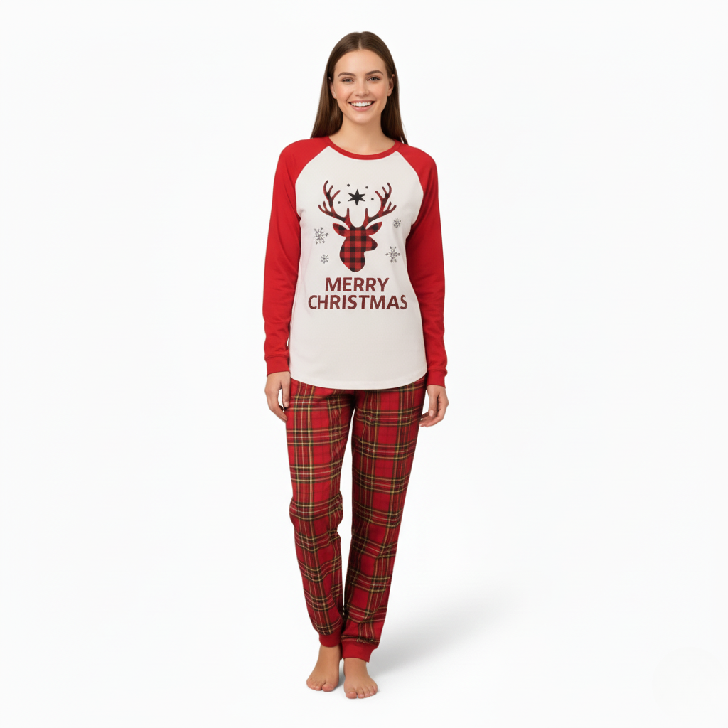 Merry Christmas Reindeer and Snowflake Print Pajama Set With Plaid Pants