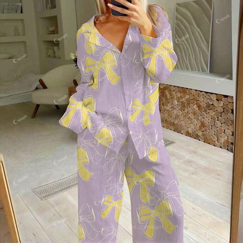 Colordate Women's Yellow Line Bow Print Cotton Cardigan Homewear Set