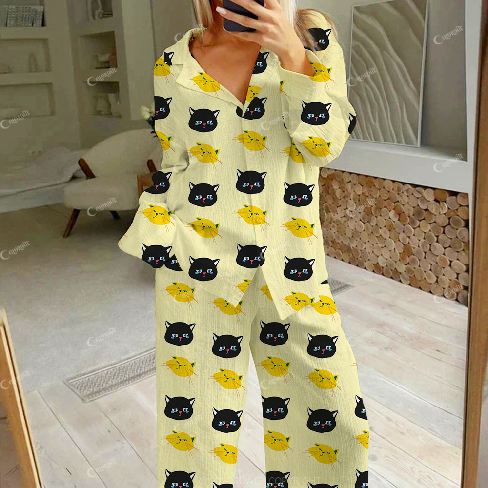 Colordate Women's Crying Black Cat Print Cotton Cardigan Homewear Set