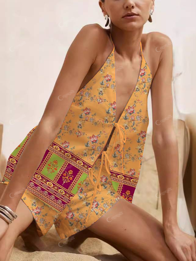  Floral Print Halter Neck Tie-Up Top And Shorts Suit