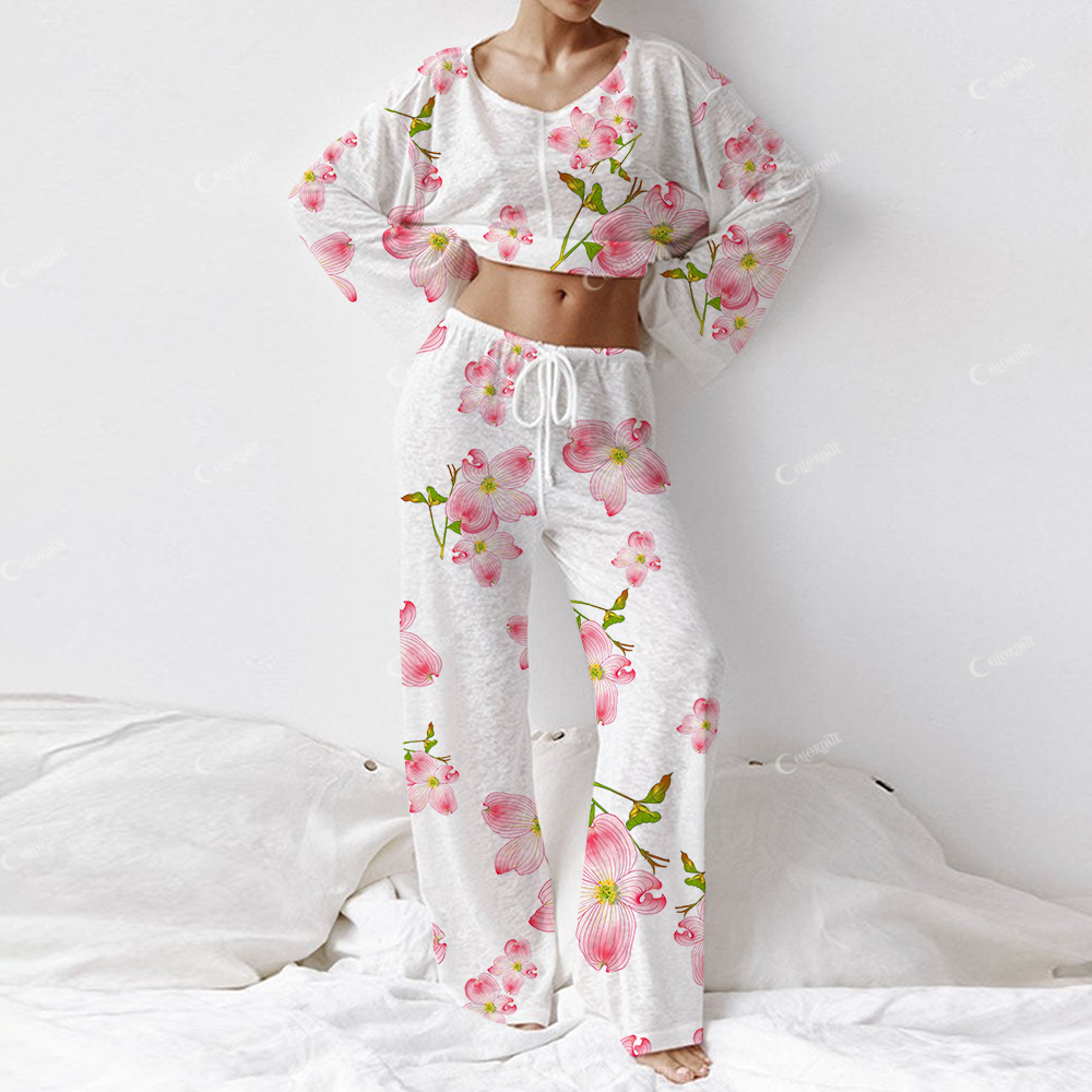 Colordate Women's Watercolor Flower Pink Floral Print Long Sleeve Cotton Homewear Set