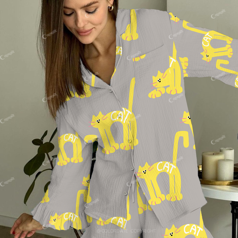 Colordate Women's Frightened kitten Printed Linen Cotton Suit