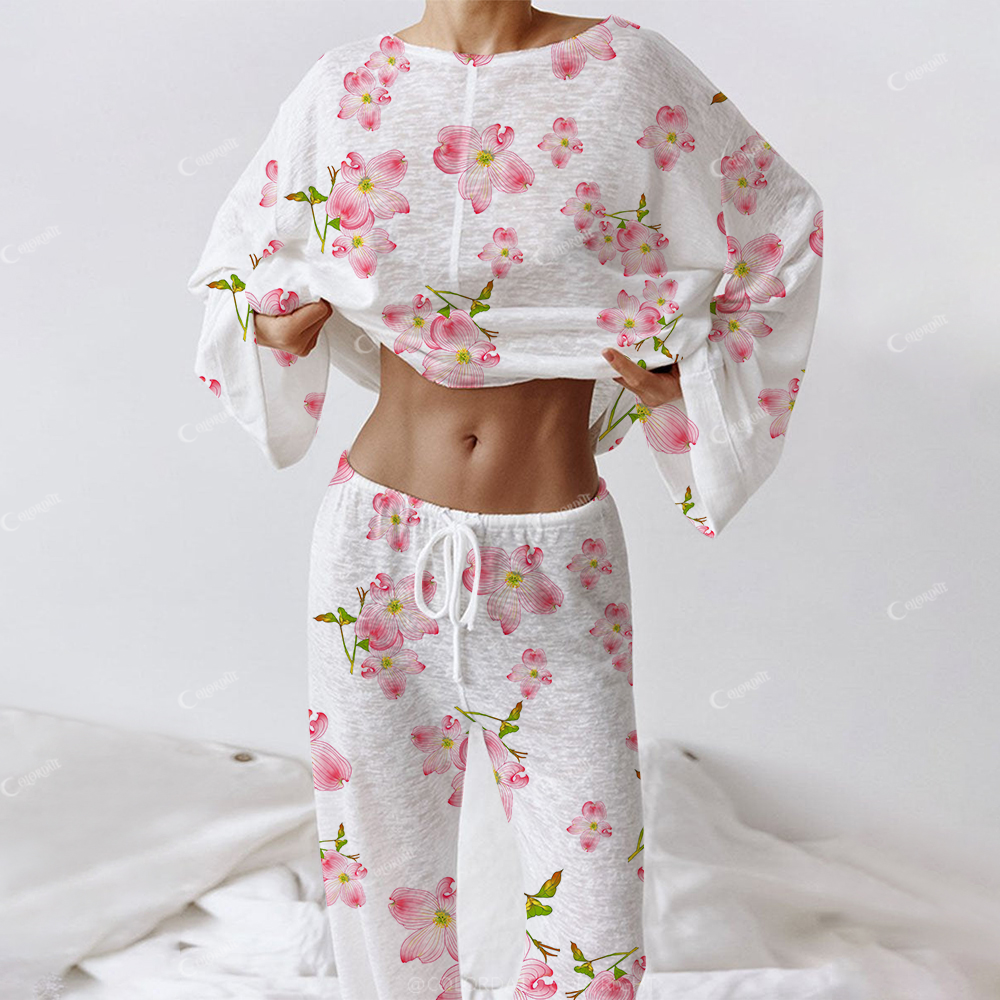 Colordate Women's Watercolor Flower Pink Floral Print Long Sleeve Cotton Homewear Set