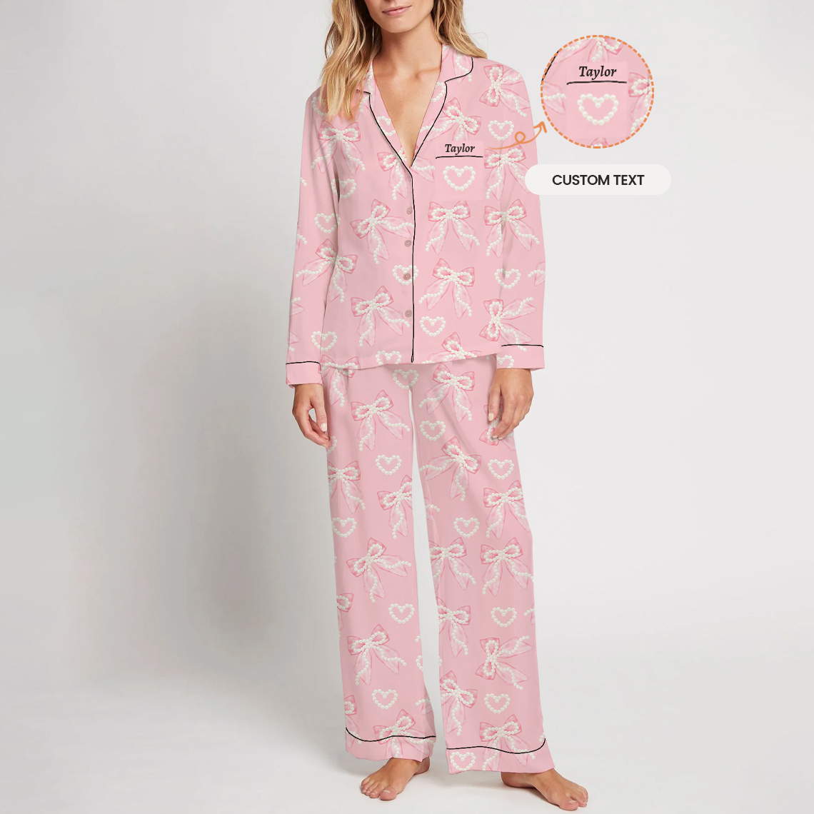 Custom Women's Pearl Bow Print Home Long Sleeve Suit