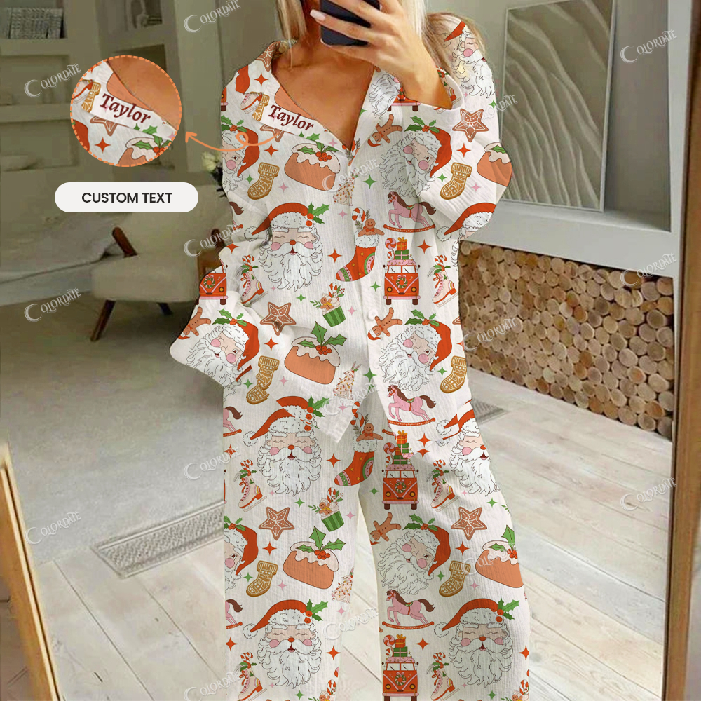 Custom Women's Santa Claus Print Cotton Cardigan Homewear Set