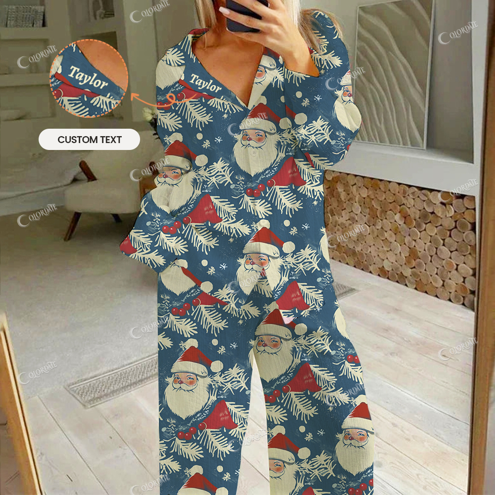 Custom Women's Santa Claus Print Cotton Cardigan Homewear Set