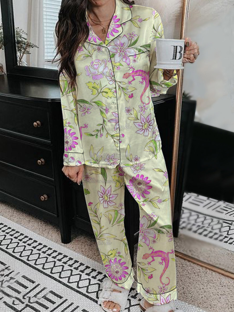 Women's Romantic Floral Pattern Long Sleeve Pants Set