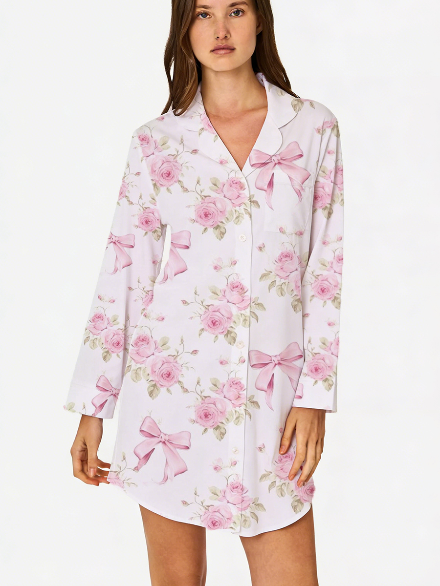 Pink Bow Romantic Floral Sleep Shirtdress