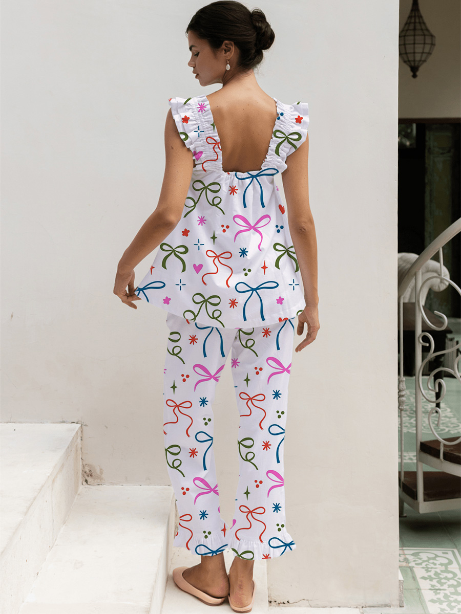 Pastel Bow Print Tank Top Pajama Set