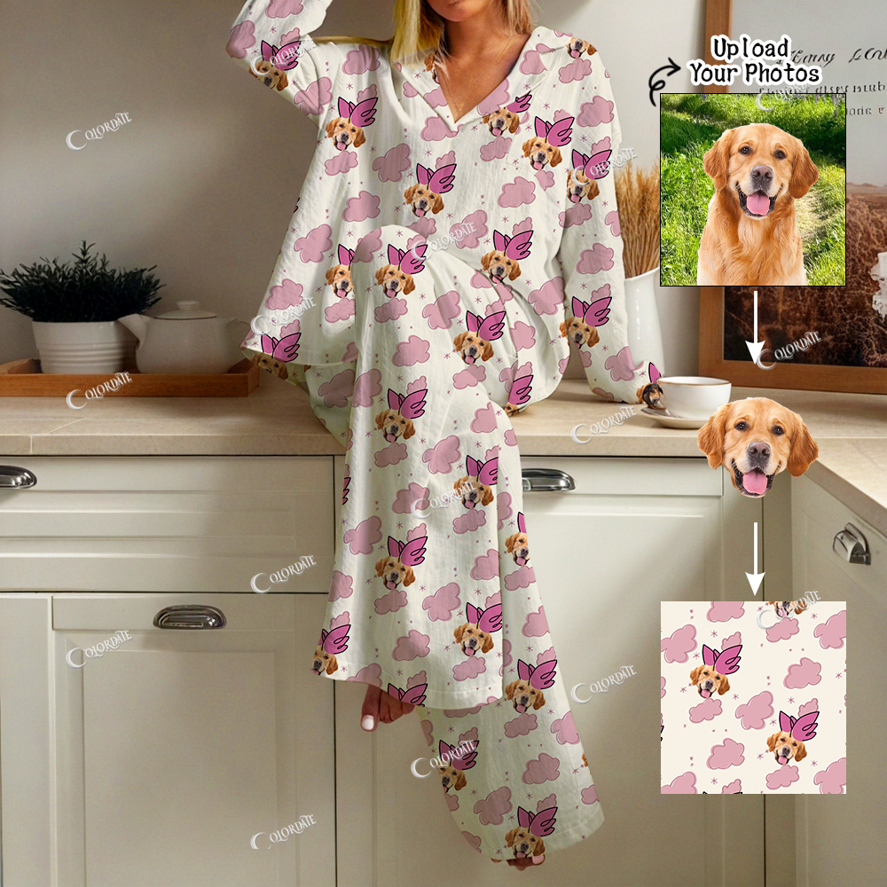 Addcustom Your Photos Women's Pink Cloud Pattern Cardigan Homewear Set