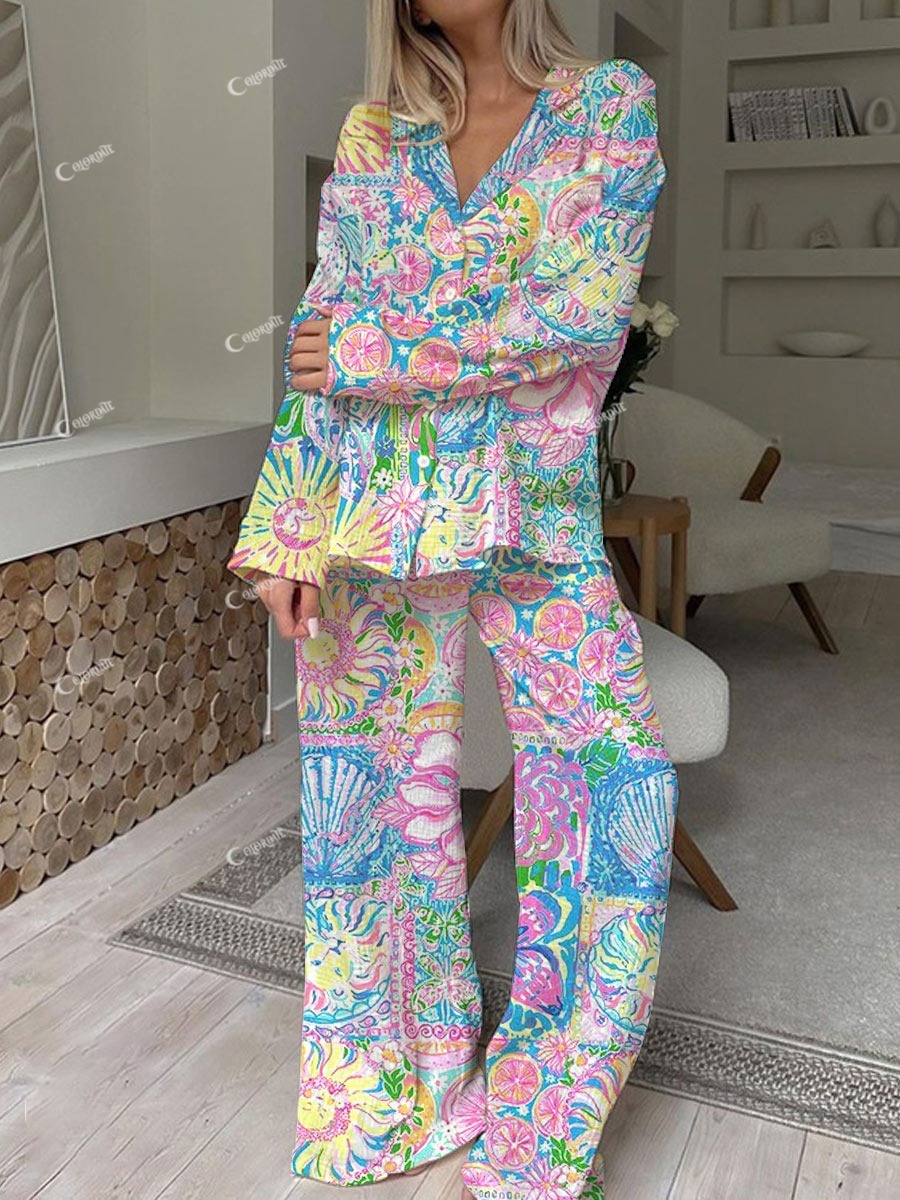 Women's Bohemian Art Floral Print Lounge Long Sleeve Suit