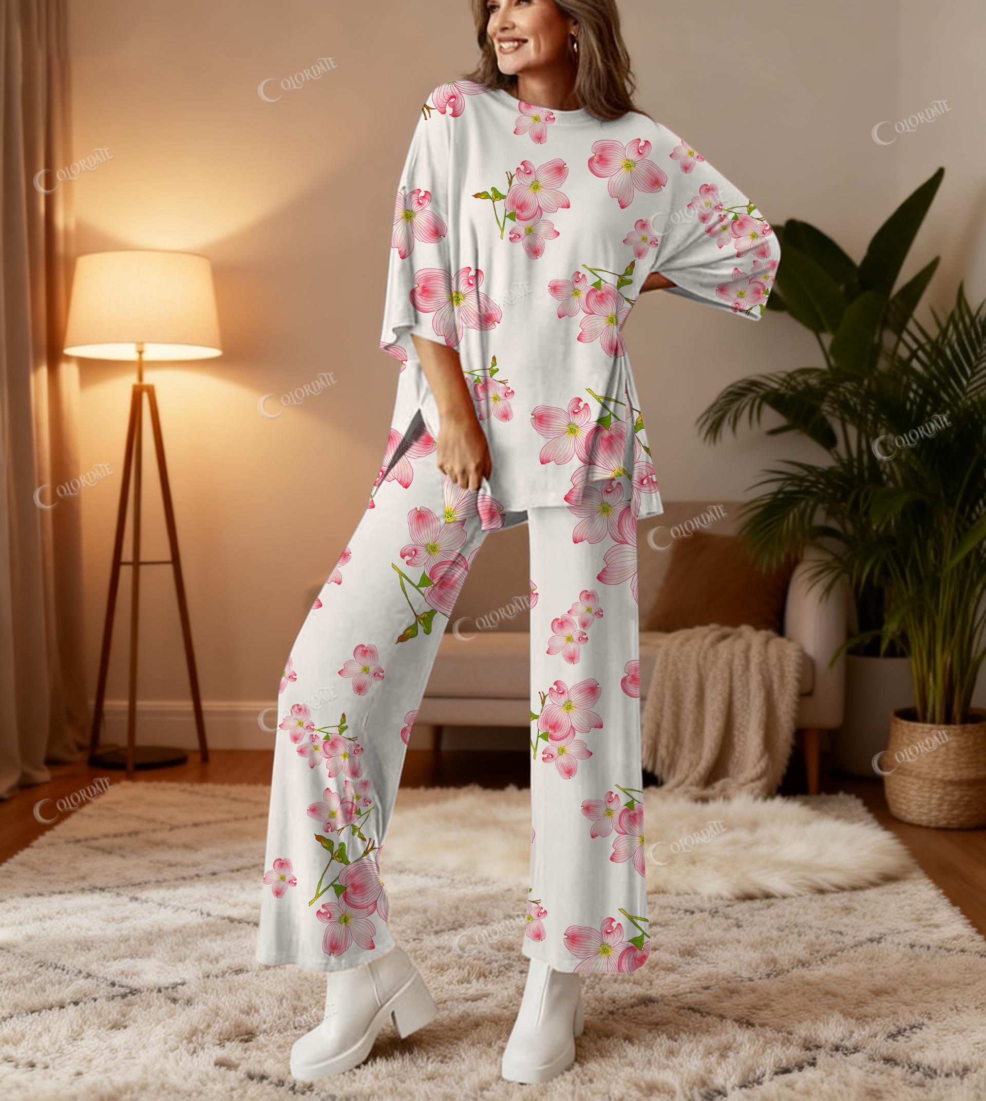 Pink Flower Print Bamboo-Soft Lounge Set Pants