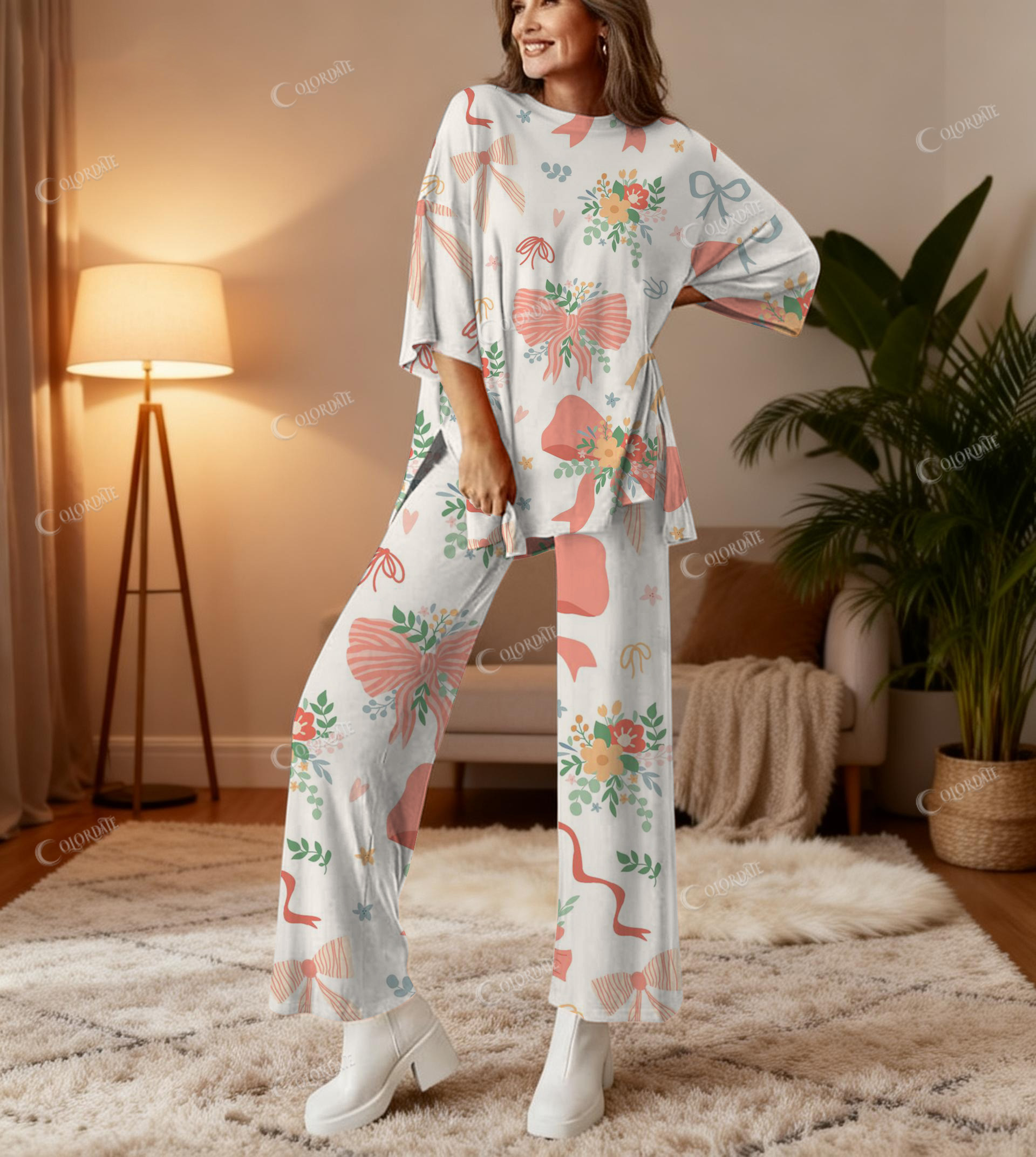 Colorful Bow Print Bamboo-Soft Lounge Set Pants
