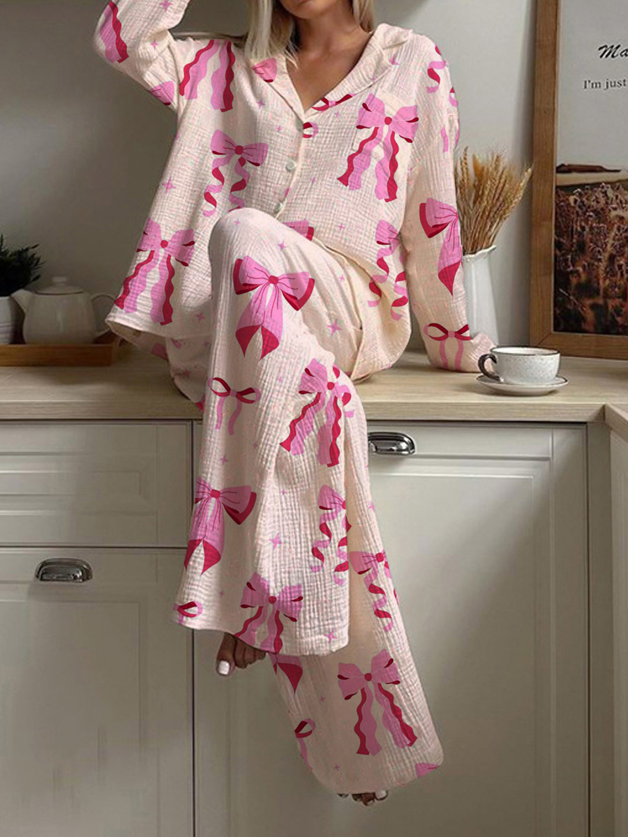 Women's Fun Bow Pattern Long Sleeve Pants Set