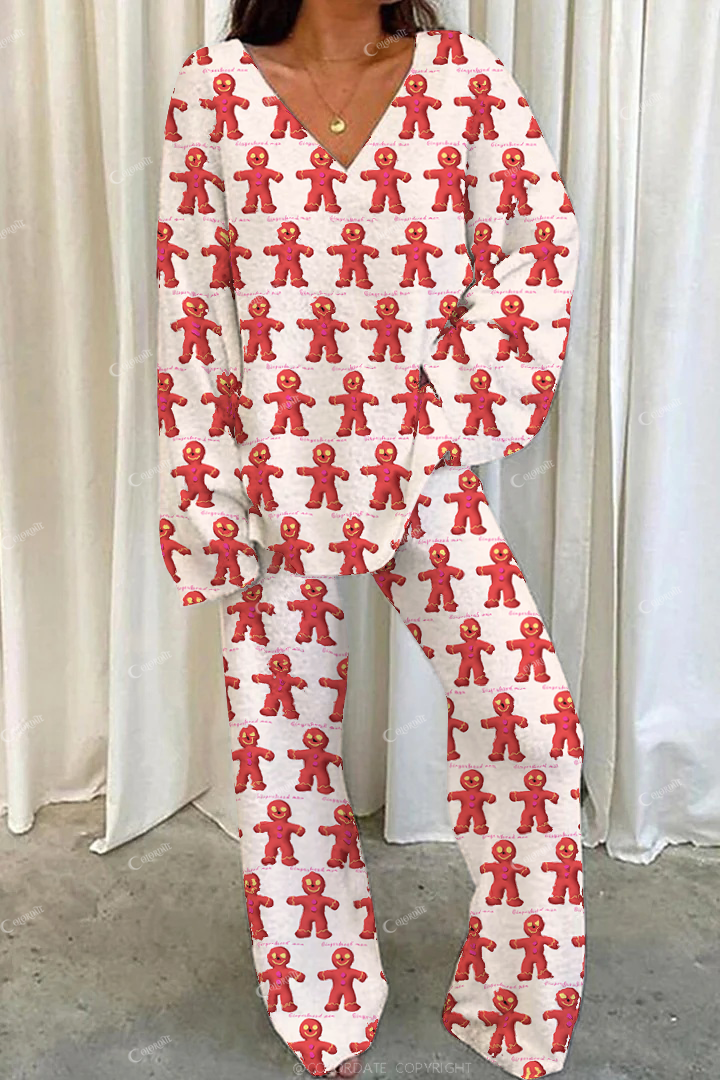 Colordate Casual Cute Gingerbread Man Loungewear Set For Women