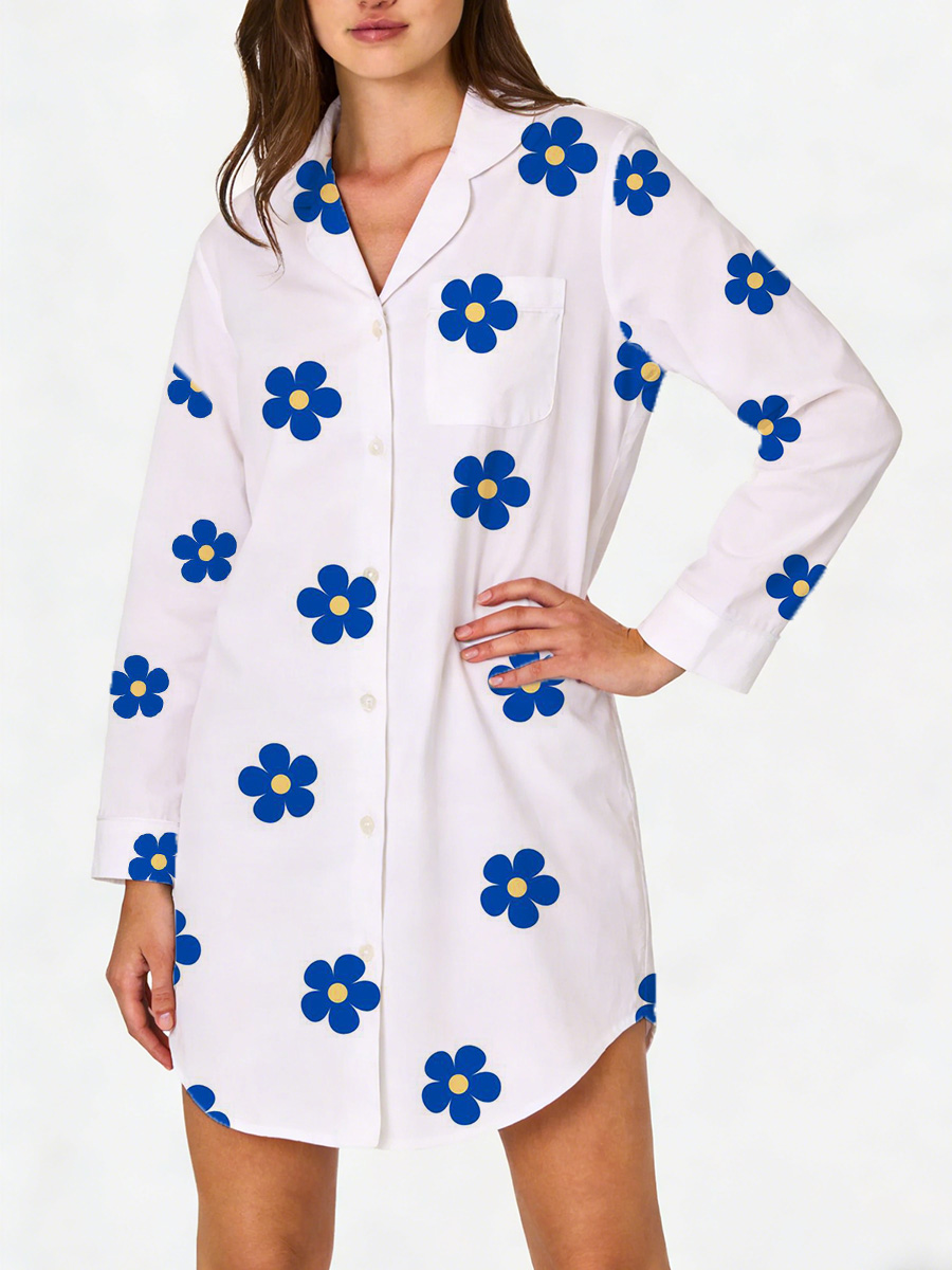 Blue Floral Print Sleep Shirtdress