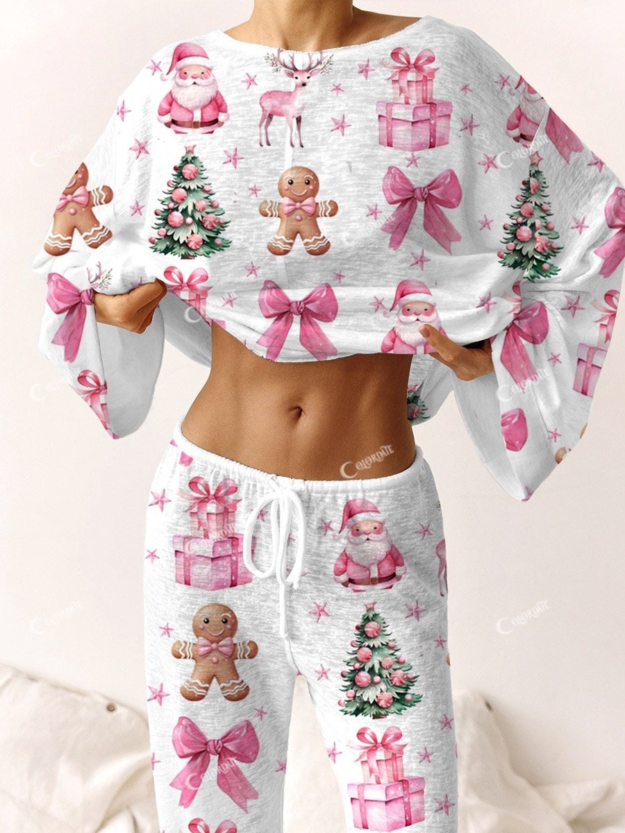 Women's Pink Christmas Print Long Sleeve Lounge Set