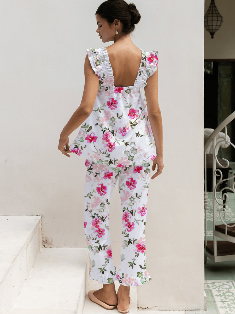 Pink Floral Ruffled Trim Short Tank Top Pajama Set