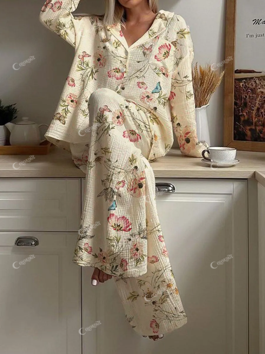Women's Retro Pastoral Elegant Floral Pajama Set