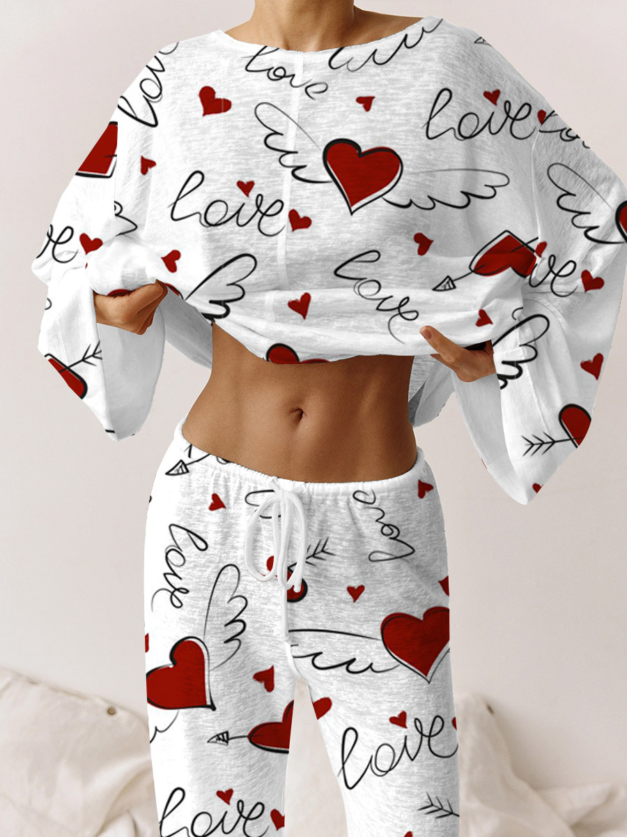 Women's Valentine's Day Heart Angel Wings Pattern Long Sleeve Pants Suit