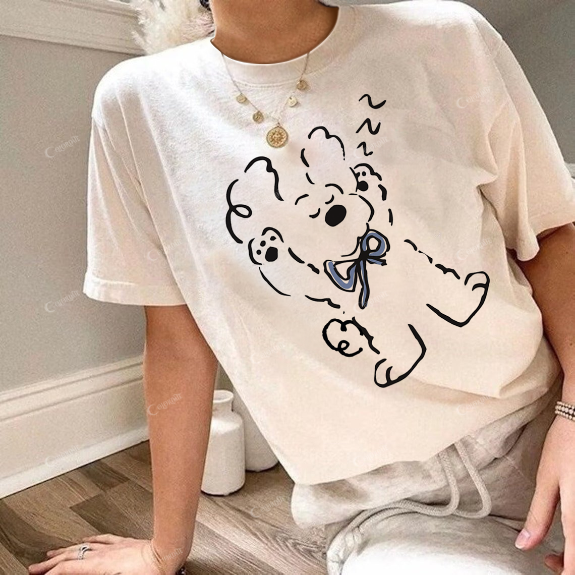 Colordate Women's Sleeping Puppy Round Neck Short Sleeve Tee