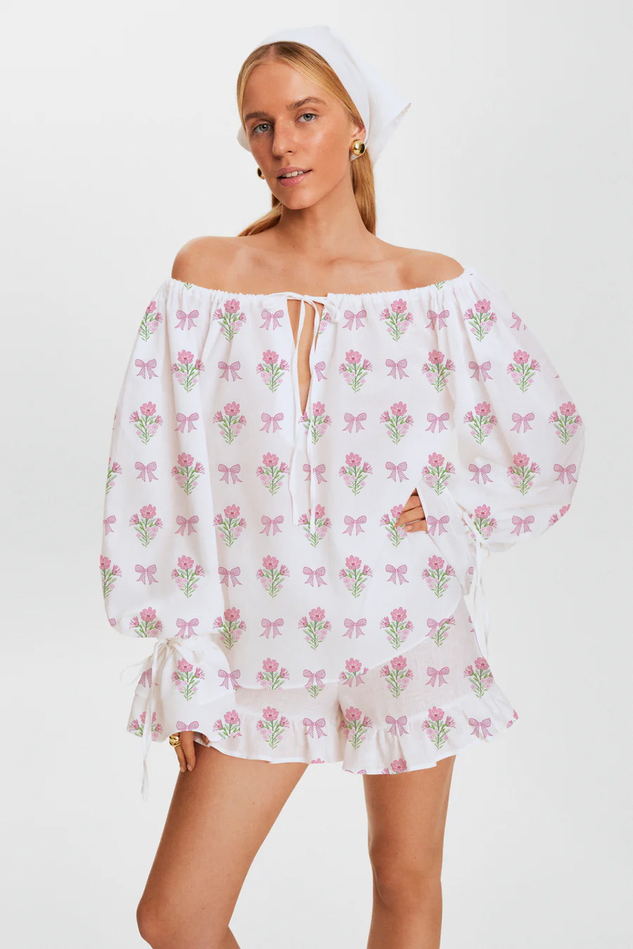 Flower Bow Printed Tie-Drawn Long Sleeve Ruffle Shorts Pajama Set
