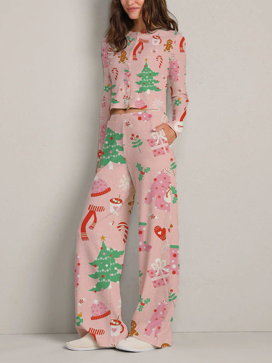 Colordate Women's Pink Pajamas with Christmas Tree and Gift Print Long Sleeve Suit