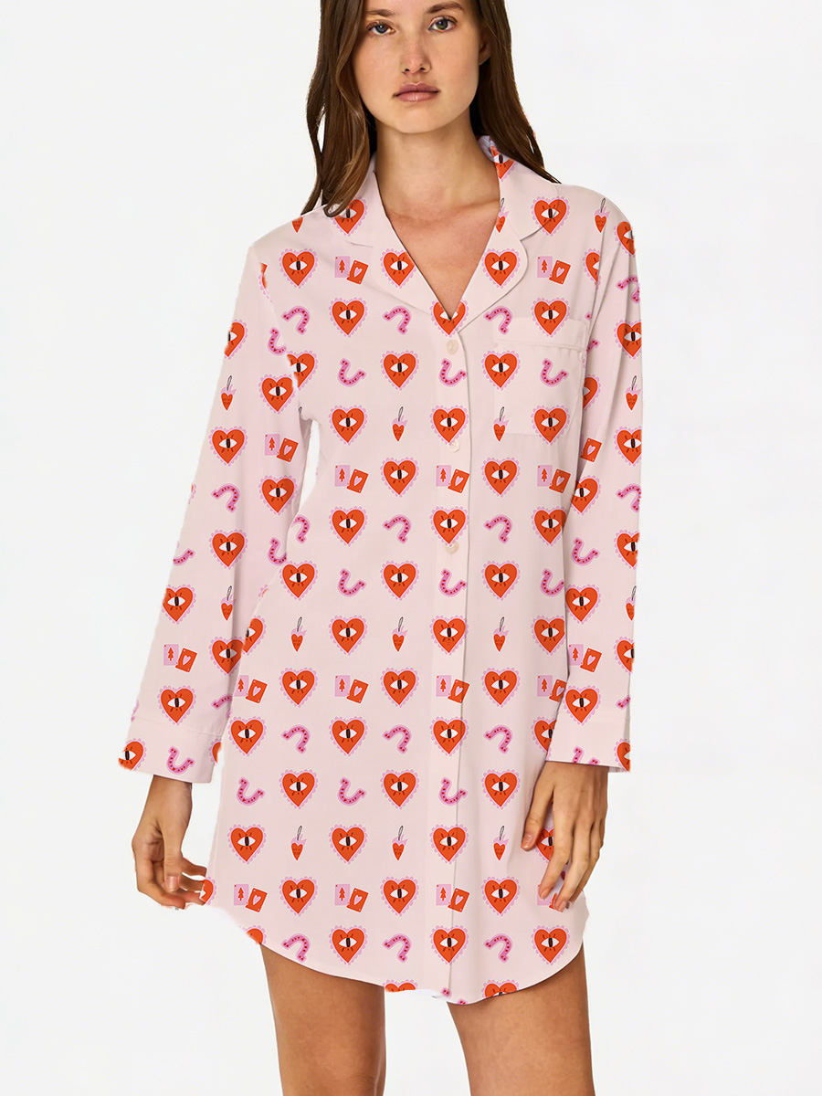 Pink Heart Print Sleep Shirtdress