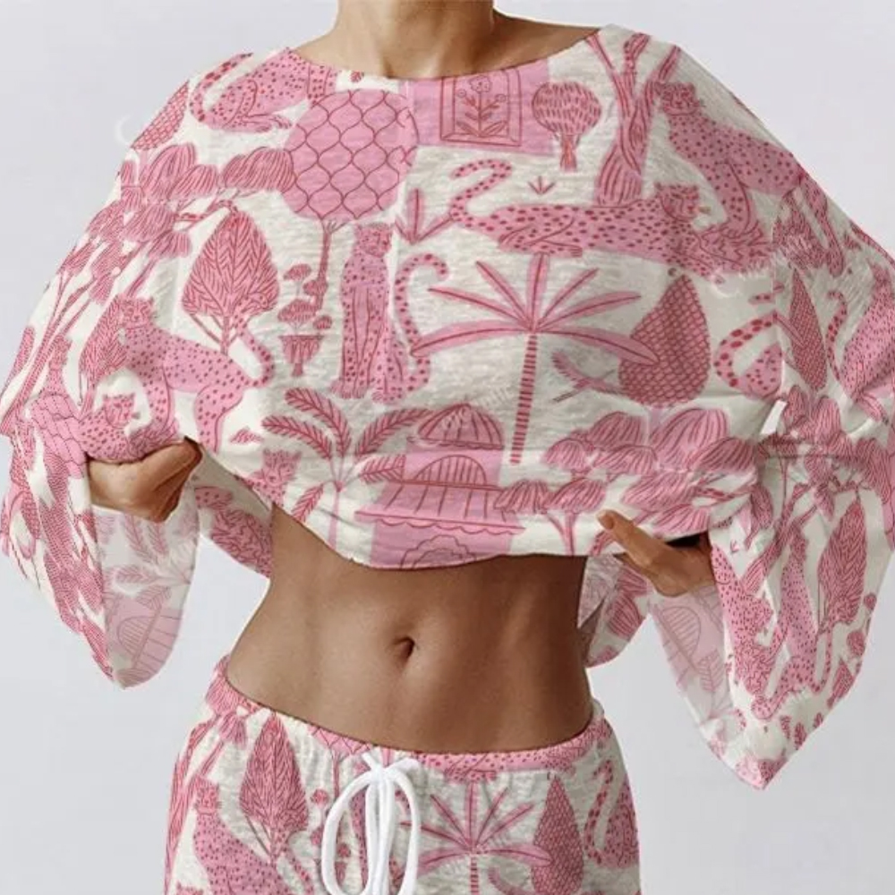 Colordate Women's Pink Leopard Print Long Sleeve Cotton Homewear Set