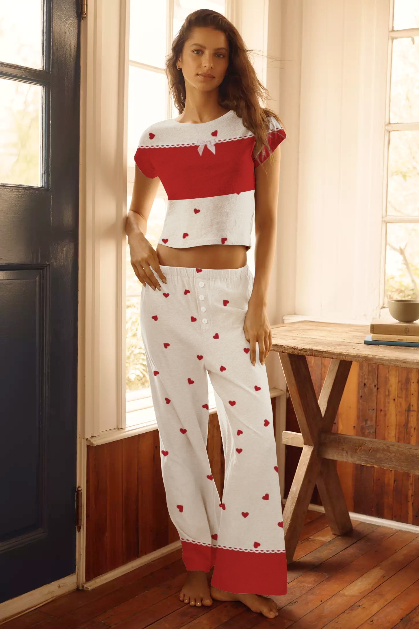 Women's Stitching Love Printed Tee Long Pants Loungewear Set