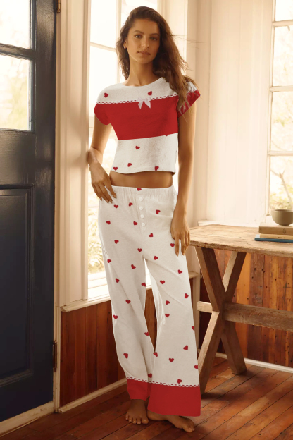Women's Stitching Love Printed Tee Long Pants Loungewear Set