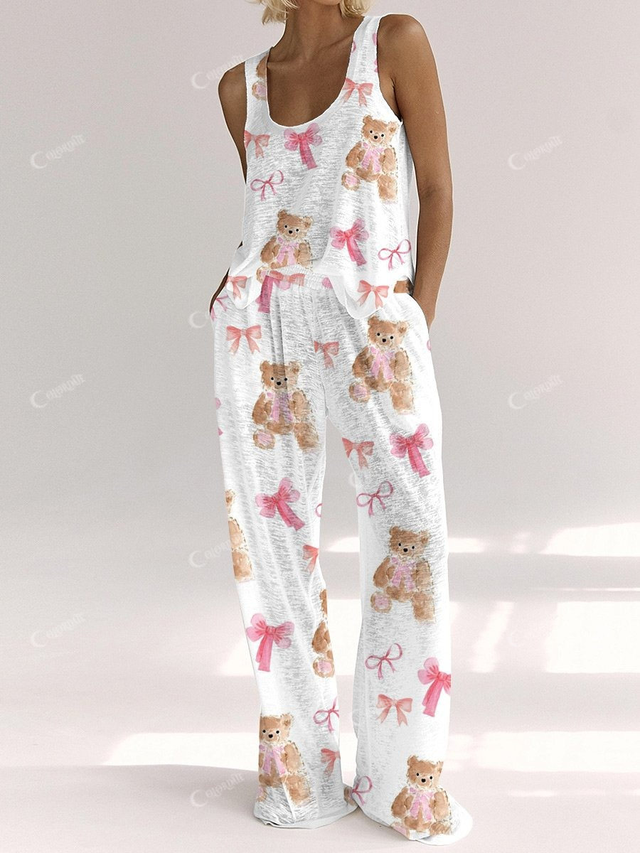 Women's Pink Bow Bear Print Home Vest Set